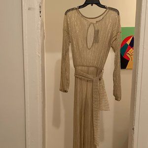 Gold Metallic Sheer Pleated Tie Waist Jumpsuit